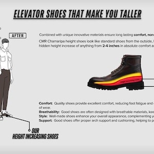 Op de afbeelding: Advertentie voor lift schoenen. De afbeelding toont een voor- en na-hoogtevergelijking, een doorsnede van een bruine laars met gele en rode lagen, en tekst die de kenmerken van de schoenen beschrijft.