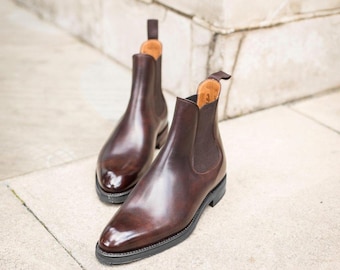 Botas Chelsea masculinas em couro marrom | Botas de salto interno feitas à mão em couro integral