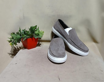 Handmade Suede Slip-On Loafers: Grey Moc Toe Walking Shoes