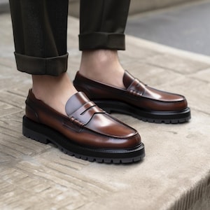 Chunky Brown Leather Loafers for Men | Height-Increasing Slip-On Shoes | Stylish Platform Loafers | Comfortable Dress Shoes.