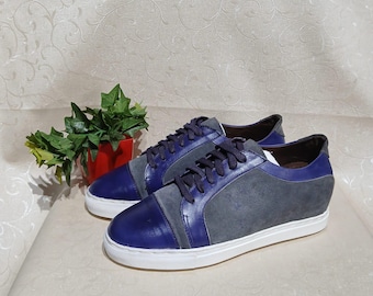 Handmade Leather Sneakers for Men | Blue & Grey Italian Trainers