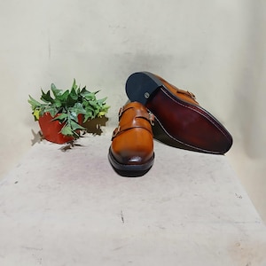 Handcrafted Tan Leather Double Monk Strap Shoes for Men | Elegant, Stylish, and Comfortable Slip-On Footwear.
