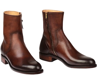 Brown Leather Ankle Boots for Men – Handmade Side Zip Dress Shoes