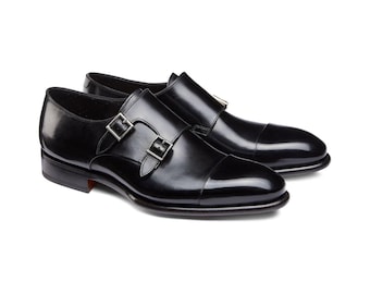 Men's 3-Inch Height Increasing Black Leather Monk Strap Shoes