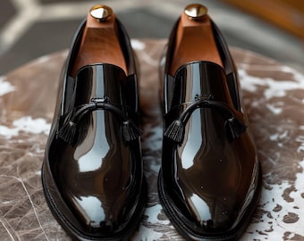 Handmade Italian Black Patent Leather Tassel Loafers