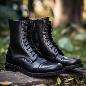 May include: A pair of black leather combat boots with a lace-up design and a side zip. The boots have a rounded toe and a low heel. The boots are on a stone surface with green foliage in the background.