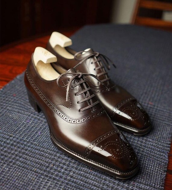 Men's Brown Leather Oxford Cap Toe Brogue Dress Shoes | Formal Business Lace-Up