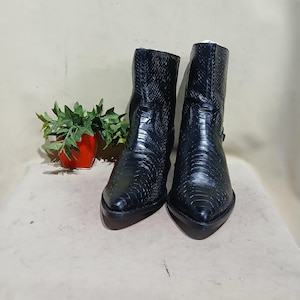Handcrafted Black Snake-Embossed Leather Ankle Boots for Men – 3-Inch Height-Increasing, Pointed Toe with Buckle Detail