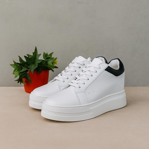 Men's White Platform Sneakers | Height Increasing Casual Shoes With Black  Heel Detail | Chunky Sole Streetwear Trainers - Etsy