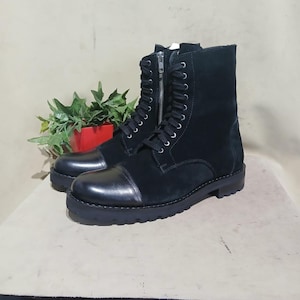 Handcrafted Black Suede & Leather Lace-Up Combat Boots for Men | Stylish Dual-Tone Ankle Boots with Side Zipper and Rugged Sole