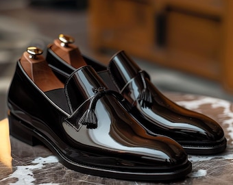 Men's Black Patent Leather Tassel Loafers | Formal Luxury Slip-Ons