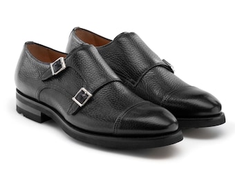 Men's Black Textured Leather Monk Strap Elevator Shoes