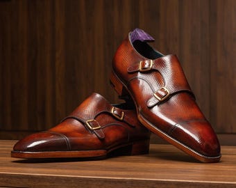 Handmade Brown Leather Double Monk Strap Shoes: Italian Style