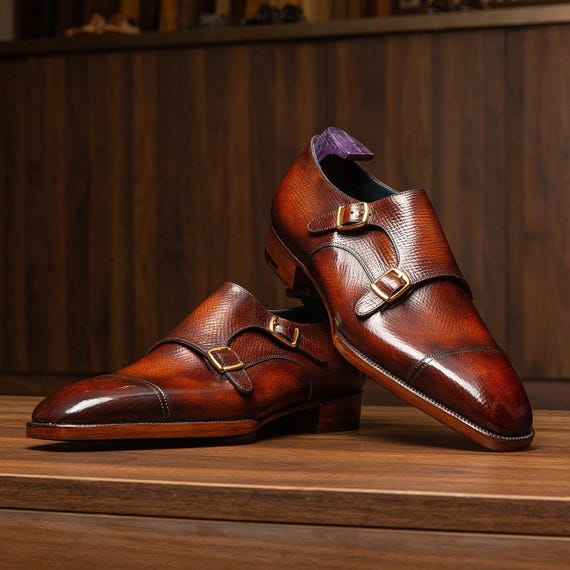 Handmade Brown Leather Double Monk Strap Shoes: Italian Style