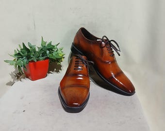 Handmade Brown Leather Oxford Shoes: Wingtip Brogue Dress Shoes