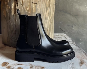 Men's Black Leather Chelsea Boots – Chunky Sole, Slip-On Ankle Boots