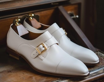 Handmade White Leather Monk Strap Shoes: Gold Buckle Wedding Footwear