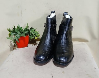 Handmade Croc Leather Ankle Boots: Men's Side Buckle Dress Boots