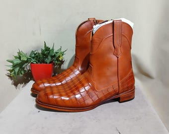 Handmade Tan Brown Genuine Leather Snake Print Ankle Boots | Vintage Style Western Boots for Men | Cowboy Dress Boots with Side Buckle