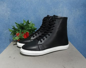 Men's Black High-Top Sneakers: Synthetic Leather Streetwear Boots