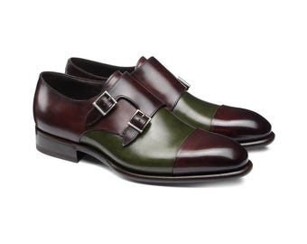 Herren Höhe erhöhende Leder Doppel Monk Strap Schuhe | Braun & Grün