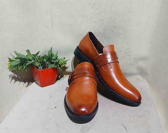 Handmade Tan Leather Loafers: Height Increasing Formal Dress Shoes