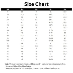 Op de afbeelding: Een zwart-wit maattabel met maten in US, EU, UK, IN en CM. De tabel bevat schoenmaten van US 5 tot 16, met bijbehorende EU, UK, IN en CM maten. De CM-maten vari&euml;ren van 22,9 cm tot 32,1 cm.