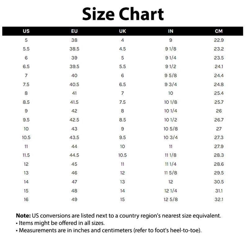 Op de afbeelding: Een zwart-wit maattabel met maten in US, EU, UK, IN en CM. De tabel bevat schoenmaten van US 5 tot 16, met bijbehorende EU, UK, IN en CM maten. De CM-maten vari&euml;ren van 22,9 cm tot 32,1 cm.