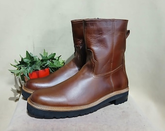 Handmade Brown Leather Mid-Calf Boots: Men's Classic Pull-On Style