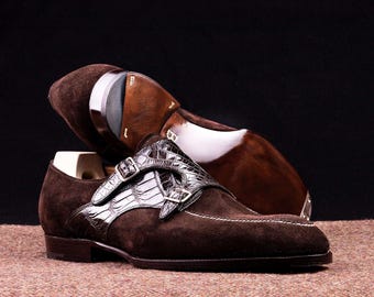 Men's Brown Suede Double Monk Strap Shoes | Croc-Embossed, Handmade