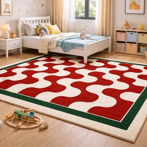 Mid Century Modern Rug, Abstract Wave Rug, Retro Geometric Area Rug, Red Cream Green rug, Scandinavian Boho Living Room Rug, Kids Room Rug