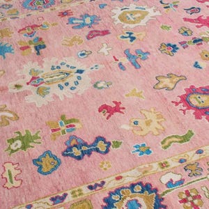 May include: A pink area rug with an intricate pattern of floral and geometric designs in shades of blue, yellow, green, and white. The rug has a textured appearance and a border with a repeating pattern.