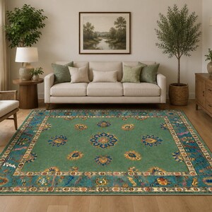 Hand Tufted Oushak Rug, Teal Green Area Rug, Turkish Wool Rug, Vintage Floral Carpet, Living Room Rug, Handmade Custom Rug