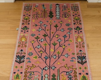 Handmade Wool Runner Rug: Pink Tree of Life Bohemian Carpet, Persian style Handknotted carpet.
