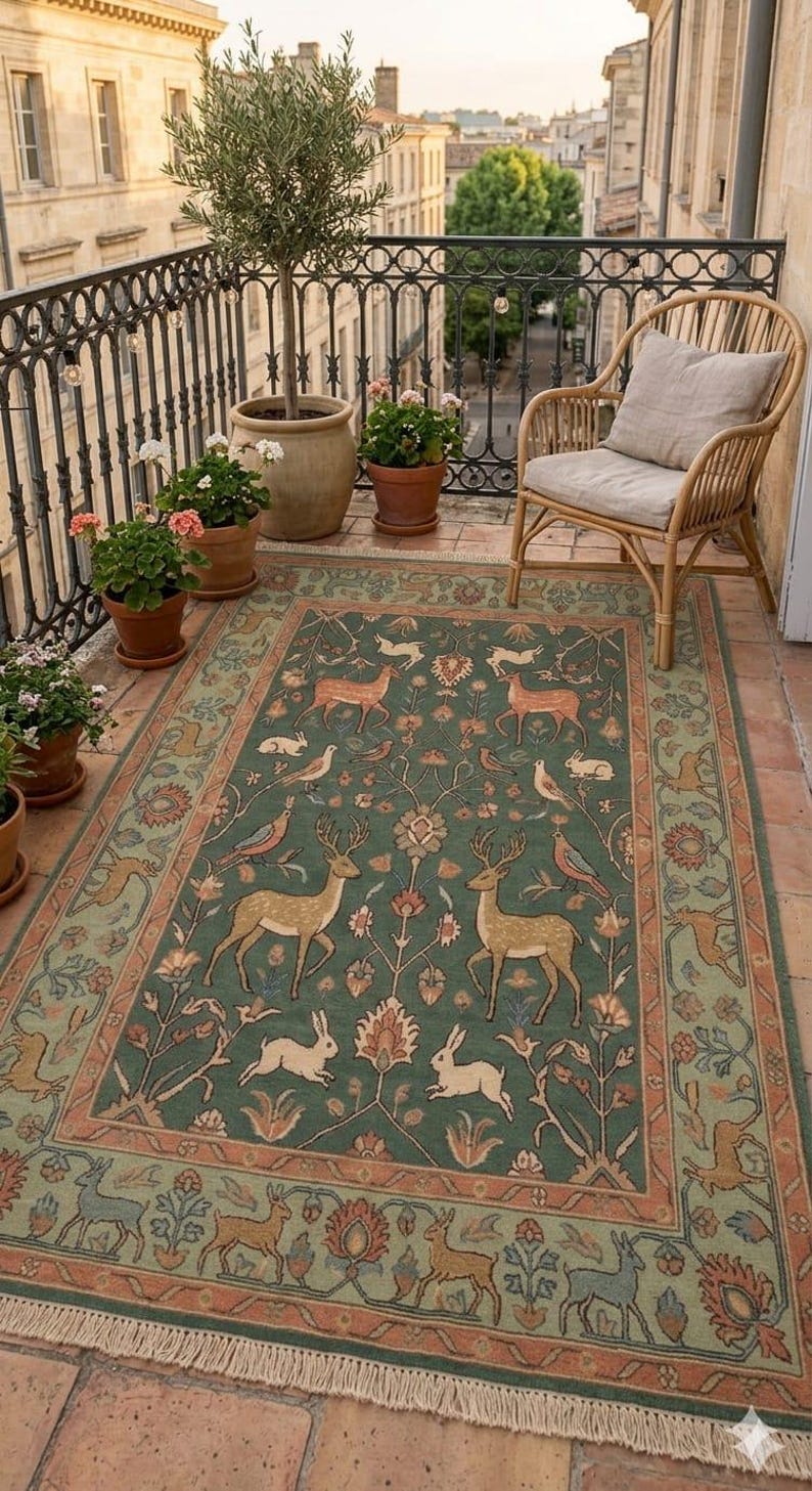 Hand-knotted Forest Wildlife Wool Rug - Sage Green Whimsical Deer and ...