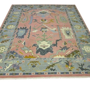 Large washable Handknotted Wool Oushak Rug: Antique Pink & Blue Oriental Carpet