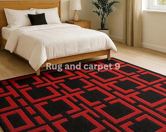 May include: A bedroom scene featuring a wooden bed with white bedding and a black pillow. A black and red geometric patterned rug covers the floor. The text "Rug and carpet 9" is visible on the rug.