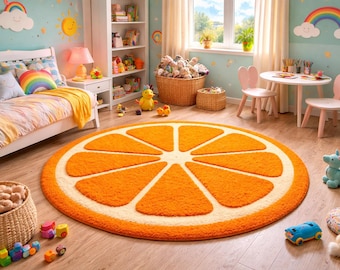 capitonné orange Slice | Tapis d'agrumes pour chambre d'enfant | Tapis de salle de jeu rond en peluche 6 x 6 pieds