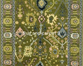 Tapis Oushak vert olive noué à la main|Tapis traditionnel en laine de qualité supérieure|Tapis floral vintage de style persan pour le salon|Tapis vert ocre|
