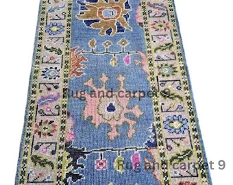 Hand-Knotted Oushak Runner Rug, Muted Blue Turkish Wool Hallway Carpet