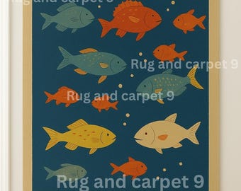 Hand-Knotted Wool Fish Rug: Kids Nursery Playroom Decor 4x6 5x8 6x9 8x10ft.