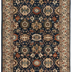 Hand-Knotted Wool Area Rug: Navy Blue, Ivory, Red Floral 9x12