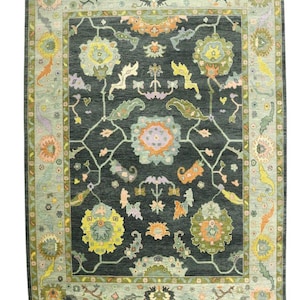 Hand-Knotted Dark Green Wool Rug: Traditional Floral Design 9x12