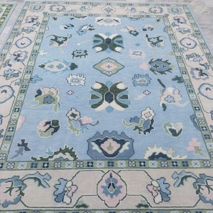 Handmade Wool Oushak Rug: Sky Blue Floral Oriental Carpet