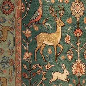 May include: Close-up of a green rug with a detailed design. The rug features a central field with a deer, birds, and rabbits, surrounded by floral patterns. The border is a mix of orange, green, and beige.