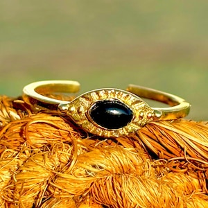 Black Onyx Evil Eye Ring: Gold Plated Adjustable Boho Jewelry
