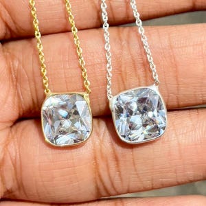 Cushion Cut Crystal Pendant Necklace: Gold or Silver Dainty Chain