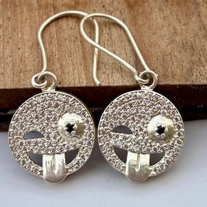 Sterling Silver Emoji Earrings: Winking Tongue & Smiley Face - Hypoallergenic