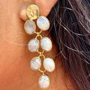 Rainbow Moonstone Dangle Earrings: 18K Gold Plated Boho Bridal Jewelry