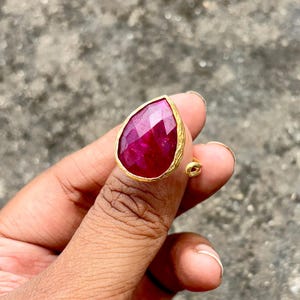 Gold Plated Teardrop Ruby Ring: Adjustable Boho Statement Jewelry